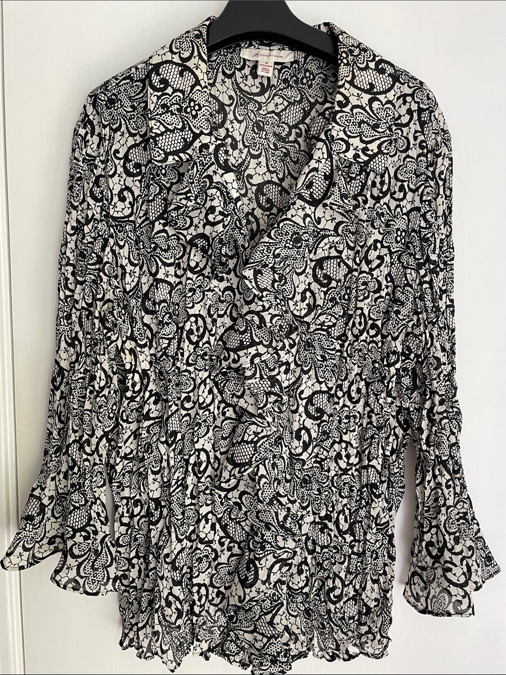 JM Collection Black and White Floral-Print Button Down Top with Bell Sleeves